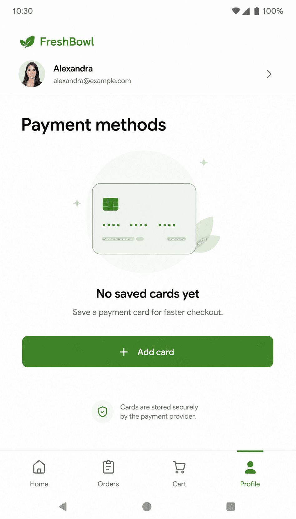 The profile payment-method screen before a card is saved
