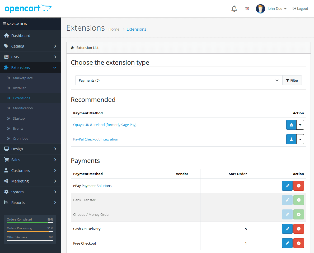 Editing the ePay payment method settings in OpenCart