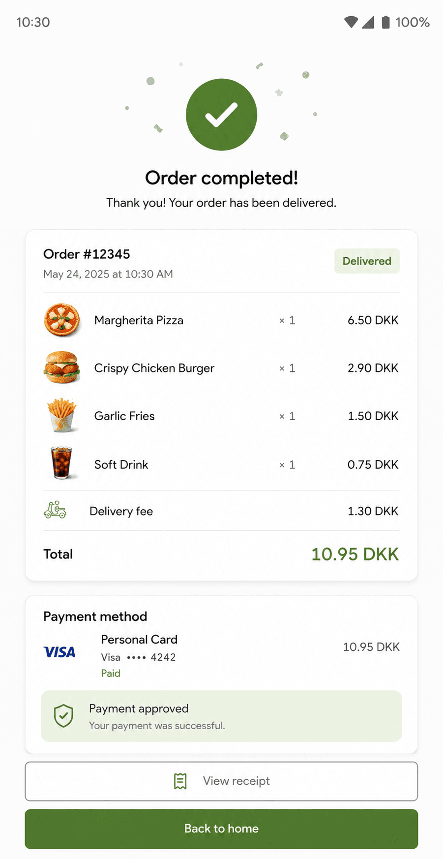 An order completed with a saved Visa card