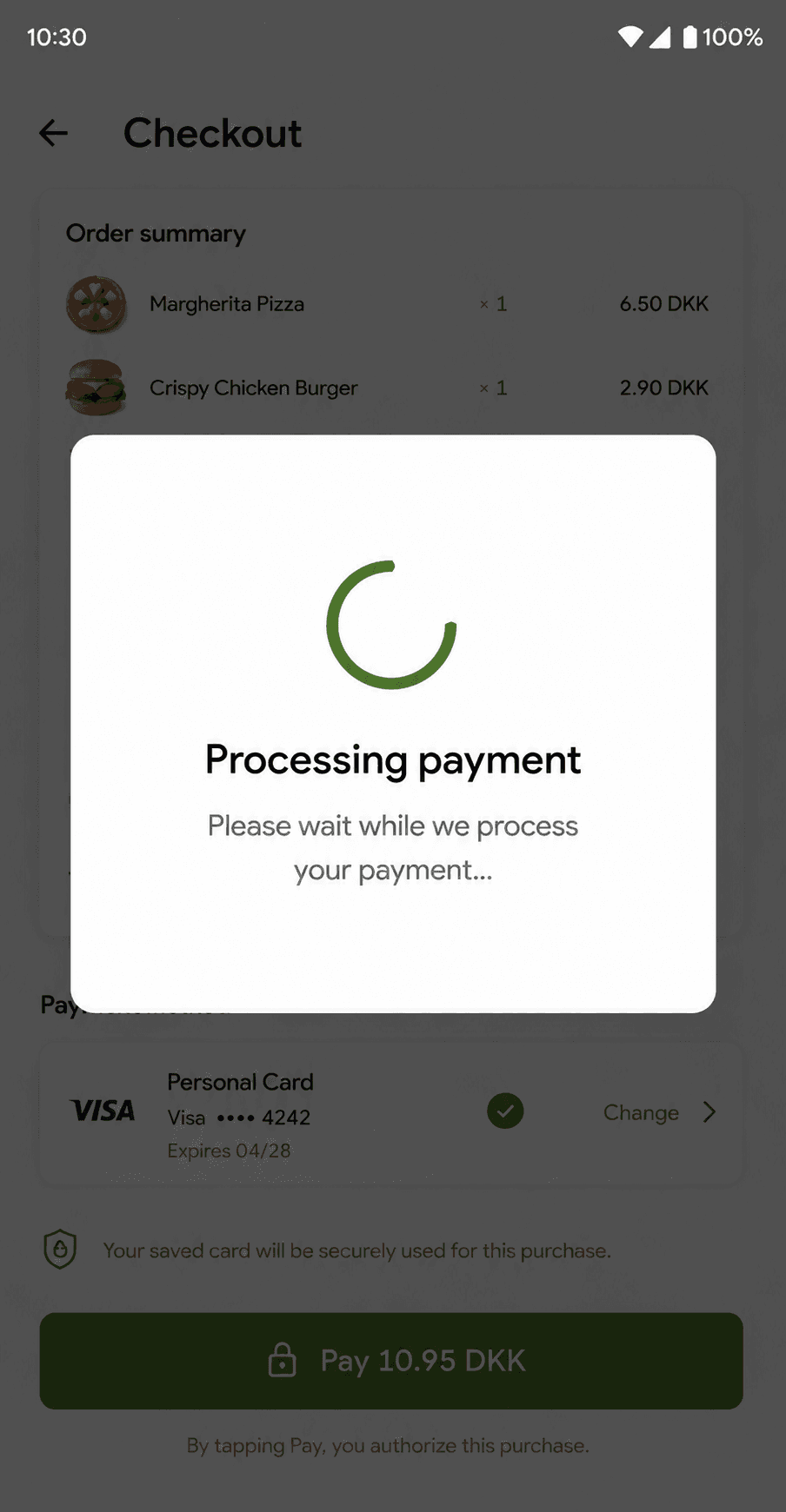 An in-app purchase while the saved-card payment is being processed