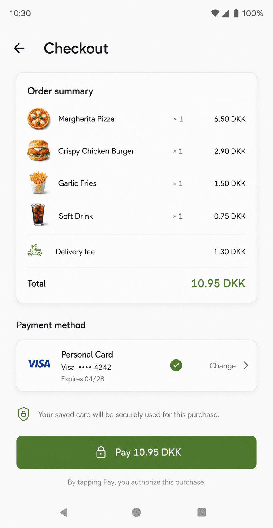 An in-app purchase using a saved card