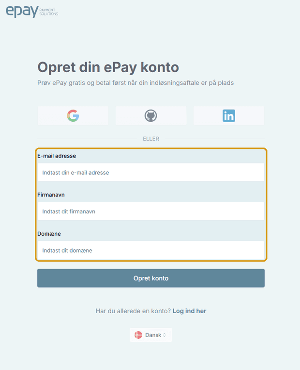 Our new platform registration form with the email address, company name, and domain fields highlighted