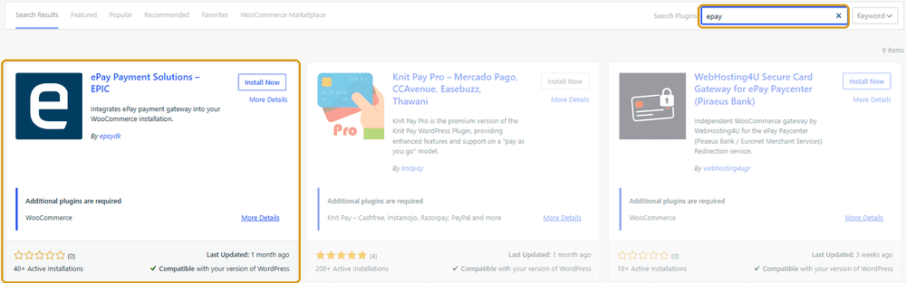 WordPress plugin search with ePay Payment Solutions highlighted