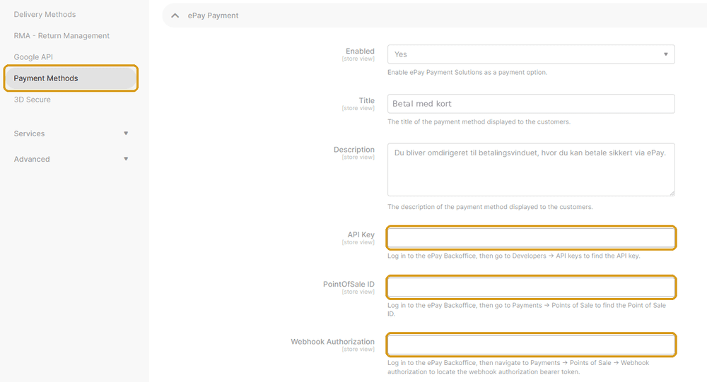 Magento payment settings with the credential fields for our new platform highlighted