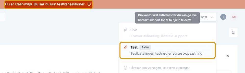 Backoffice for our new platform showing the selected test environment
