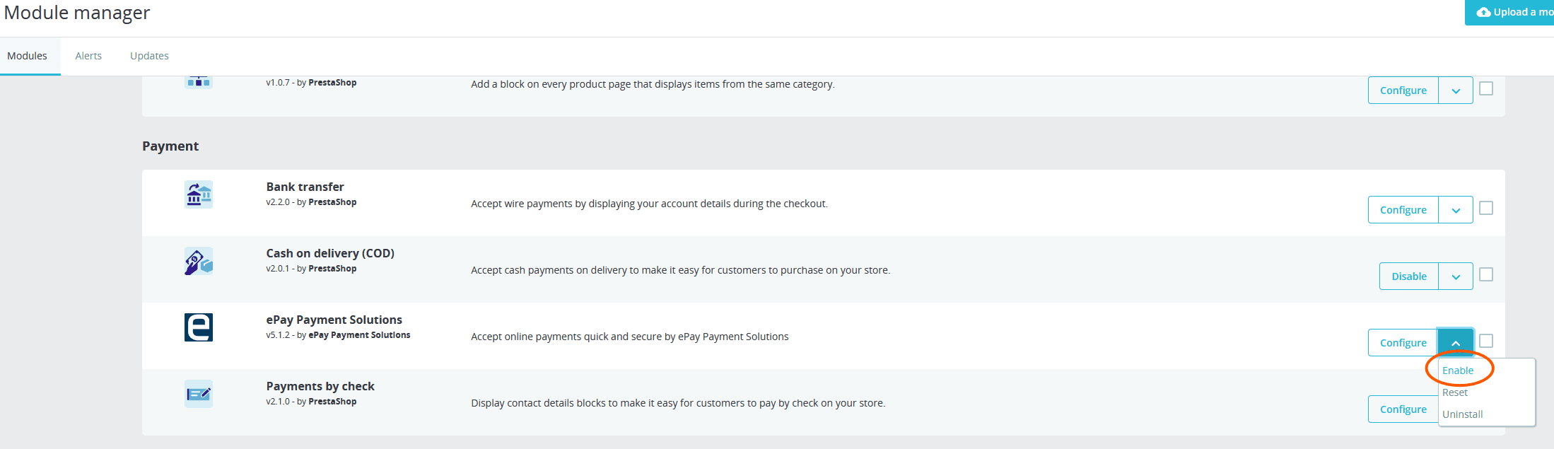 Press 'Configure' to enter the module settings