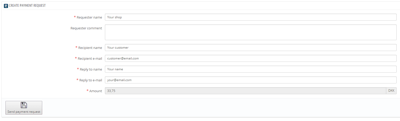 Information on the recipient and the requester. Press 'Send payment requst' to send it