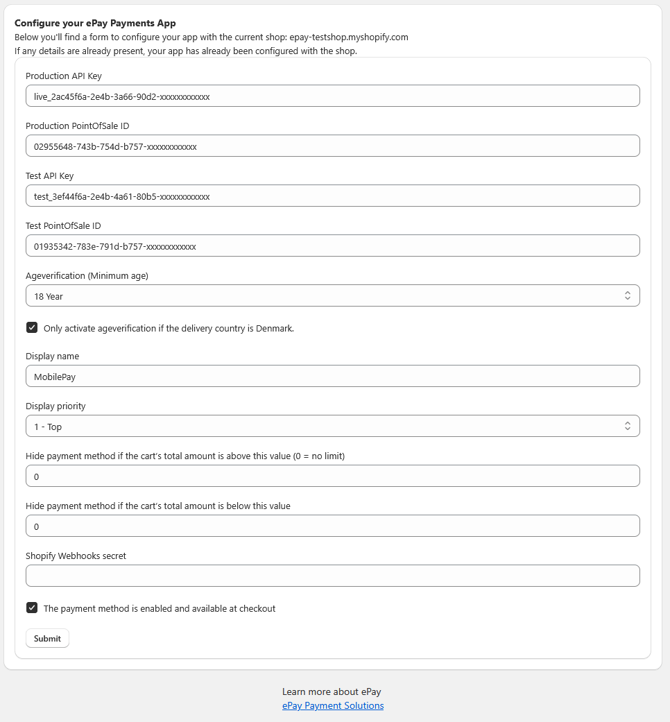 Enter ePay account details